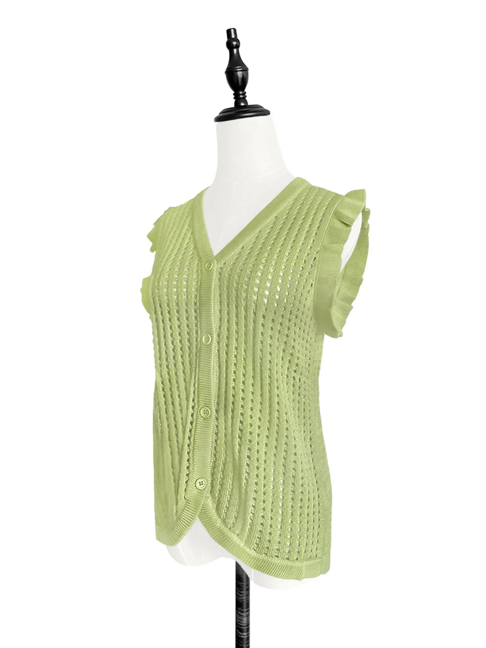 Last Chance! Lime Green Crochet Ruffle Knitted Button Front Cotton Vest