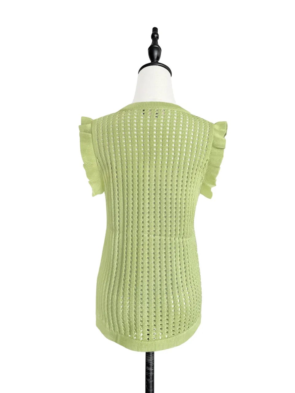 Last Chance! Lime Green Crochet Ruffle Knitted Button Front Cotton Vest