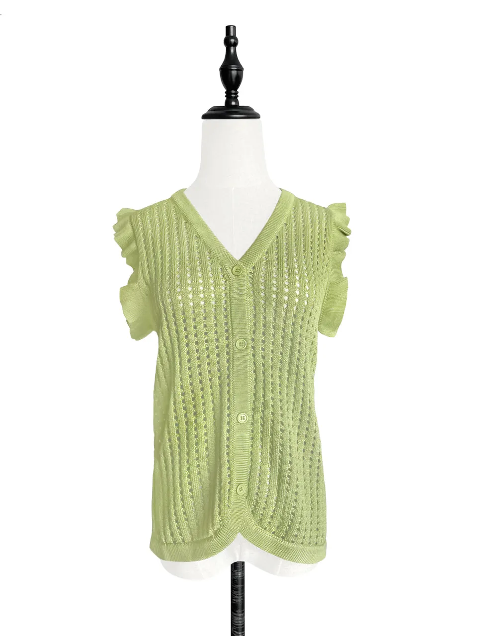 Last Chance! Lime Green Crochet Ruffle Knitted Button Front Cotton Vest