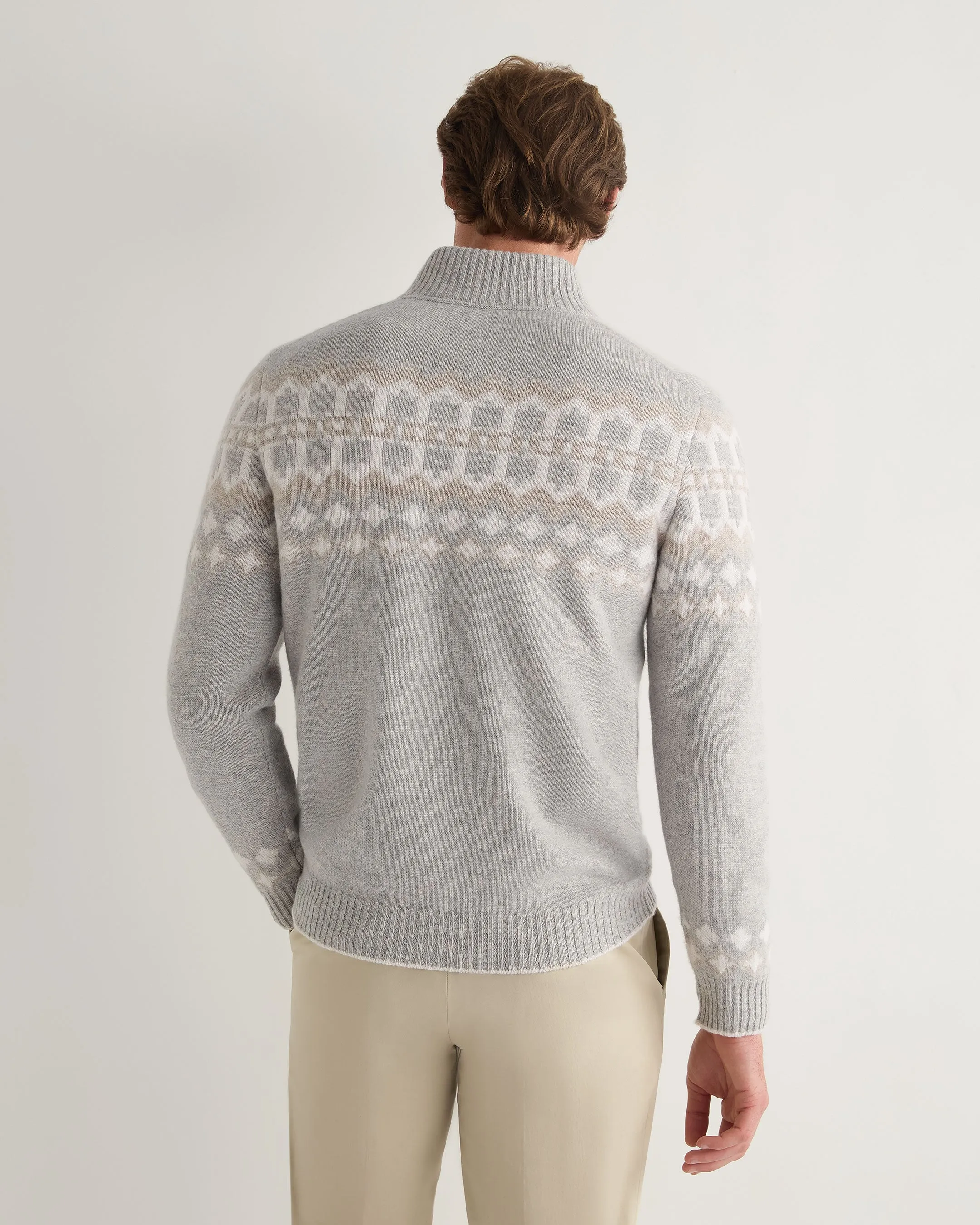 Men's Jacquard Half Zip Cashmere Jumper Fumo Grey