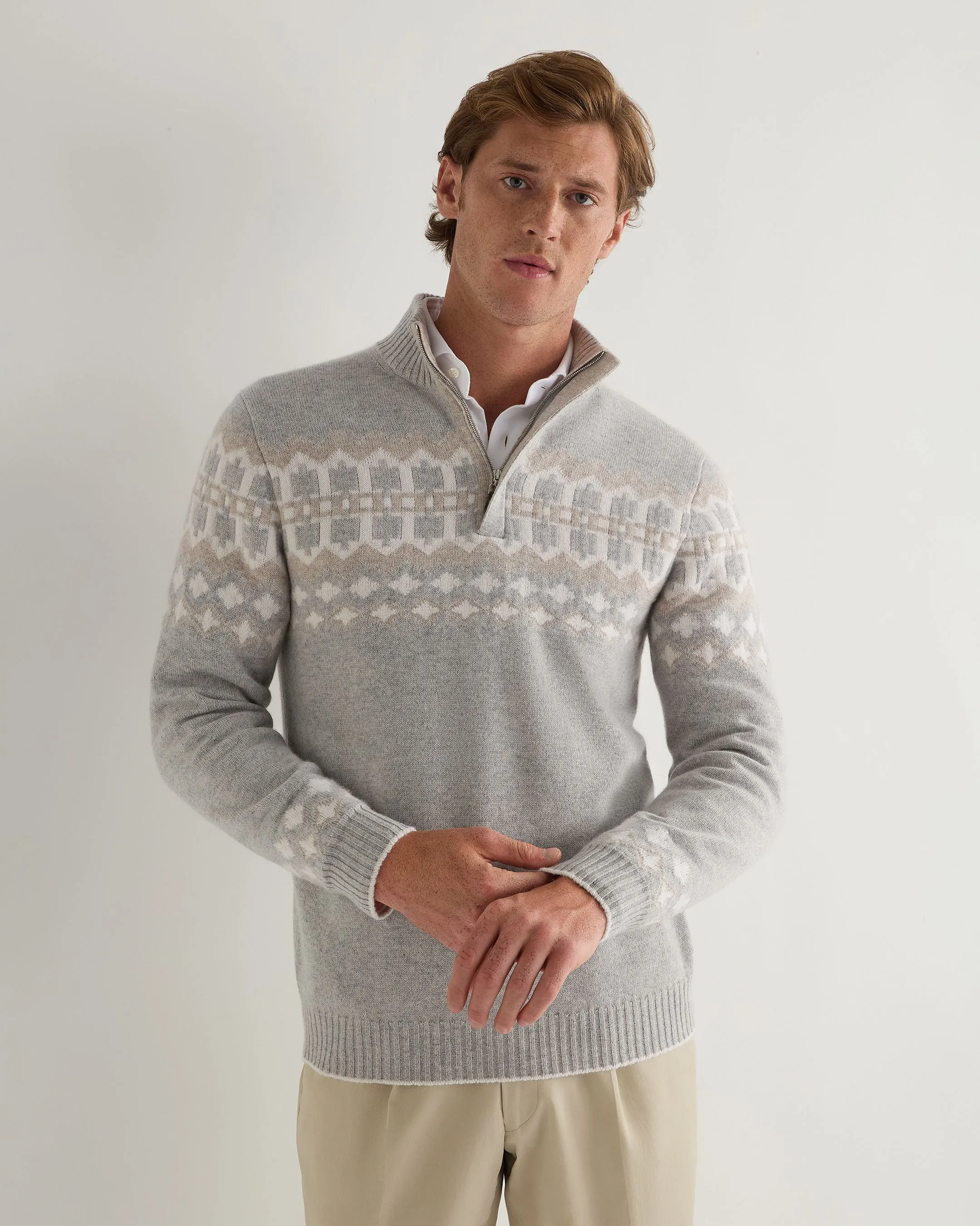 Men's Jacquard Half Zip Cashmere Jumper Fumo Grey