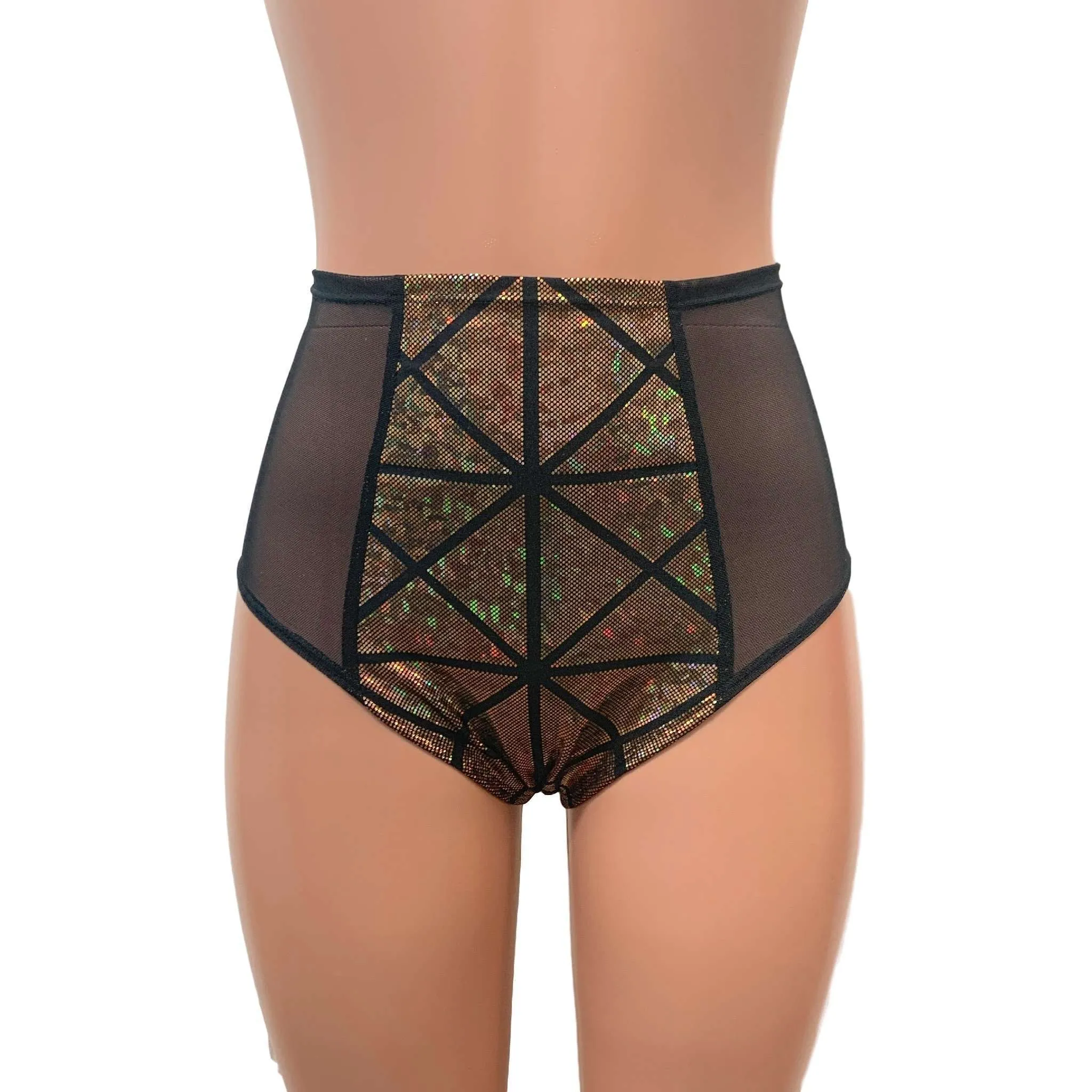 Mesh Side Scrunch Bikini - Gold Glass Pane Holographic