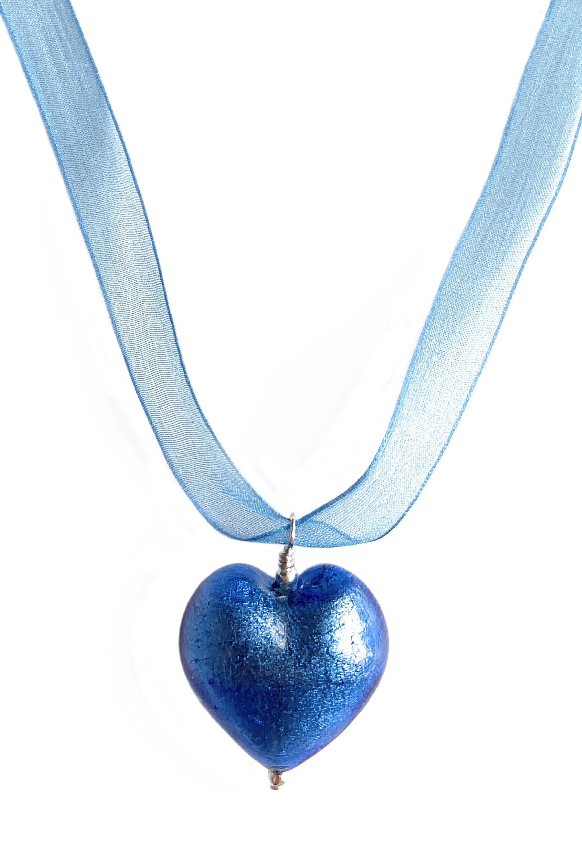 Necklace with cornflower blue Murano glass large heart pendant on organza ribbon