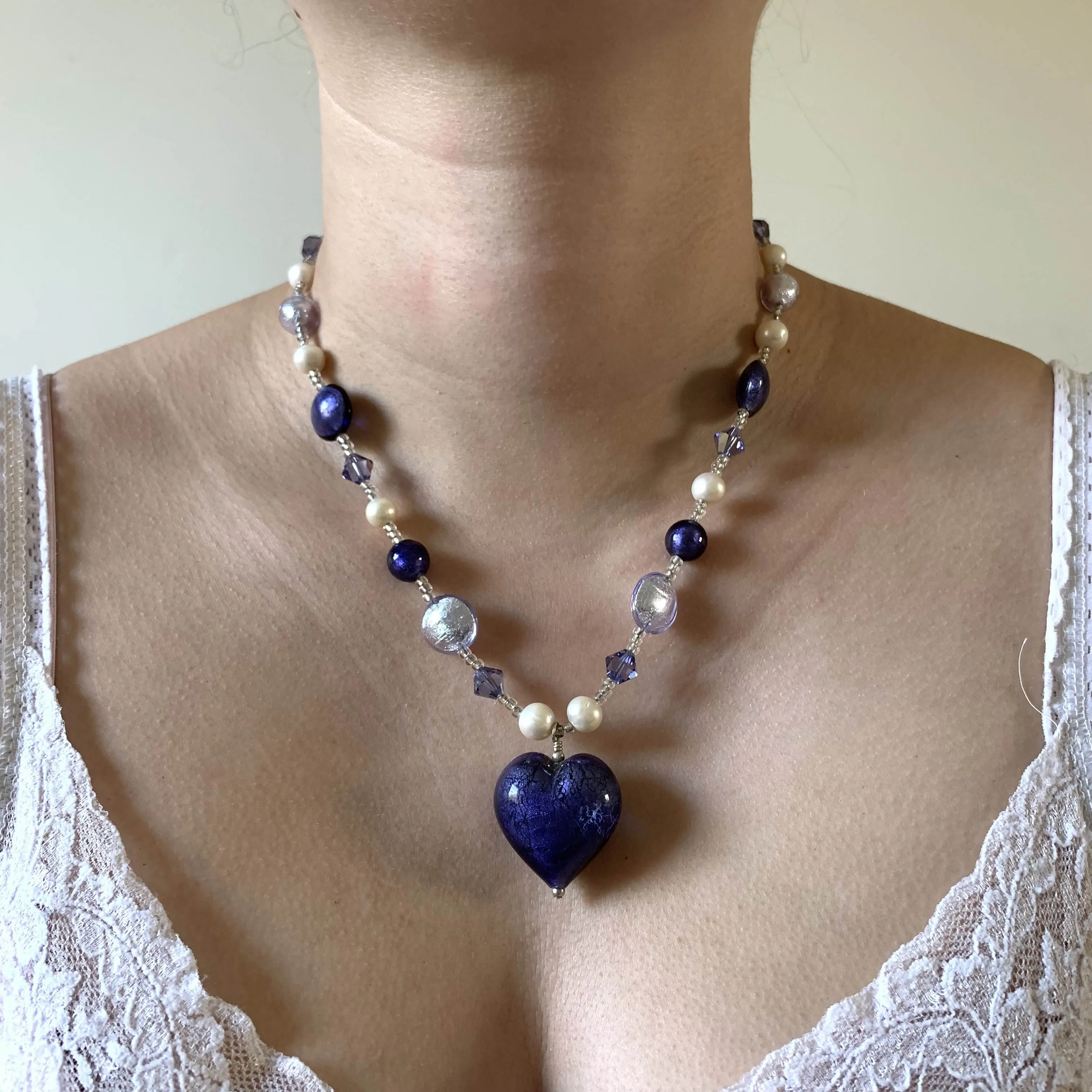 Necklace with purple velvet, lilac Murano glass beads, Swarovski© crystals, pearls, heart