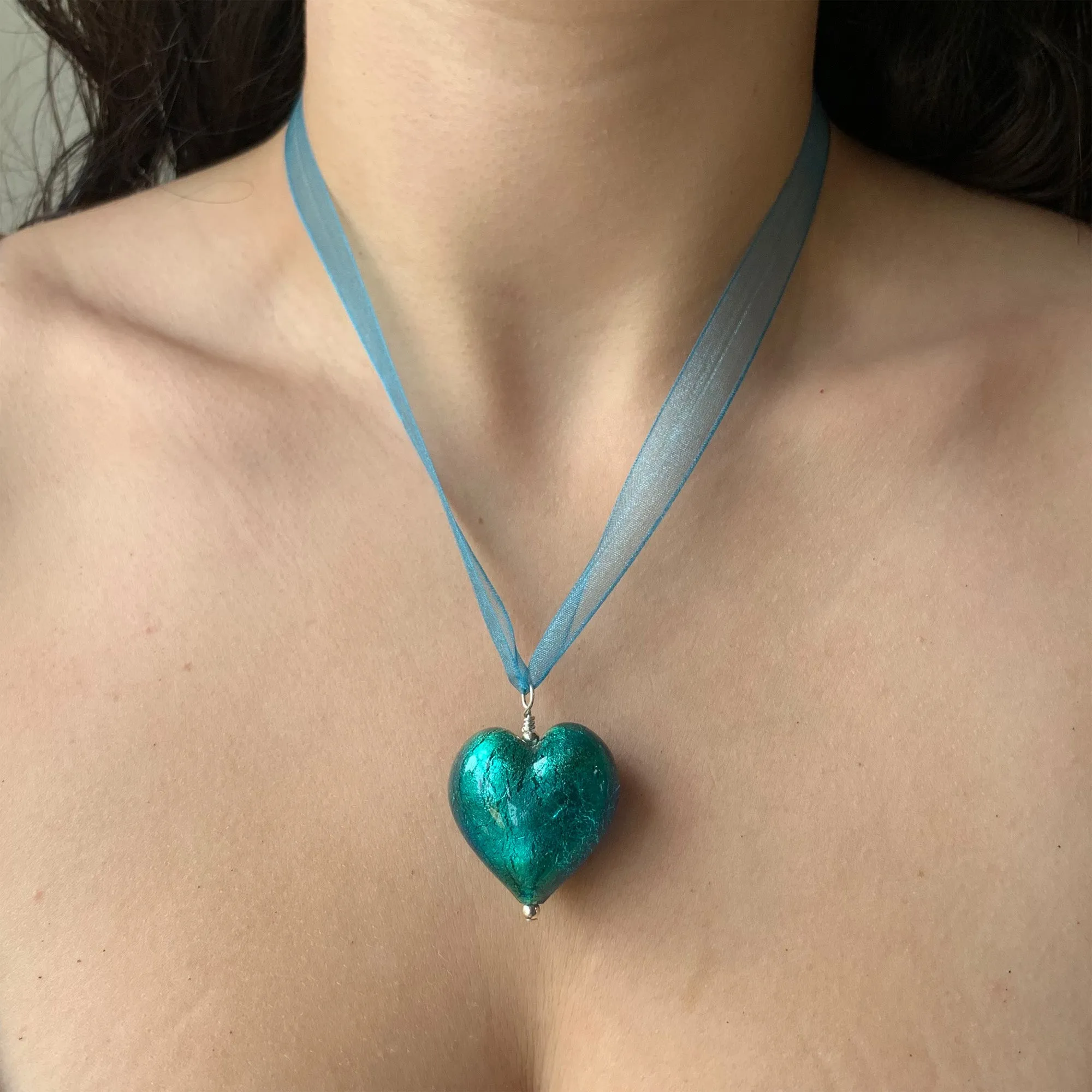 Necklace with teal (green, jade) Murano glass large heart pendant on organza ribbon