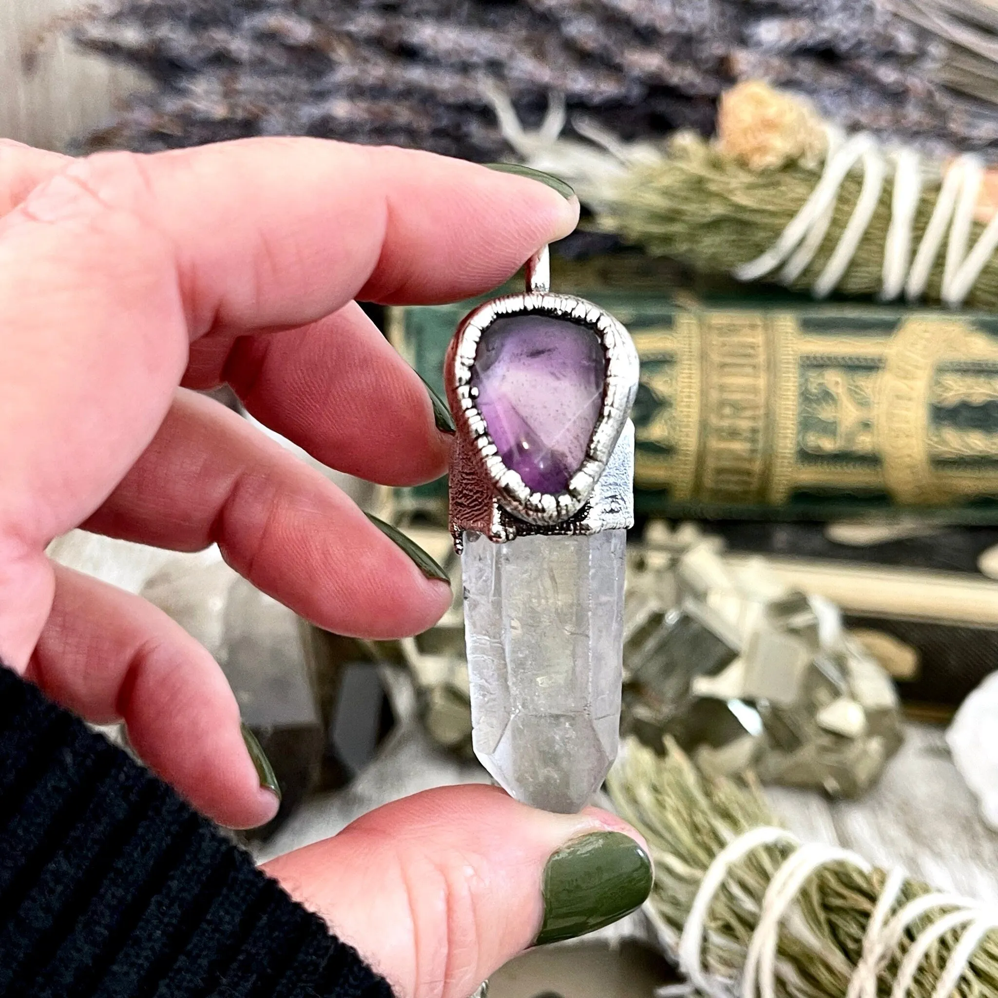 Raw Clear Quartz & Purple Amethyst Crystal Statement Necklace in Fine Silver / Foxlark Collection - One of a Kind