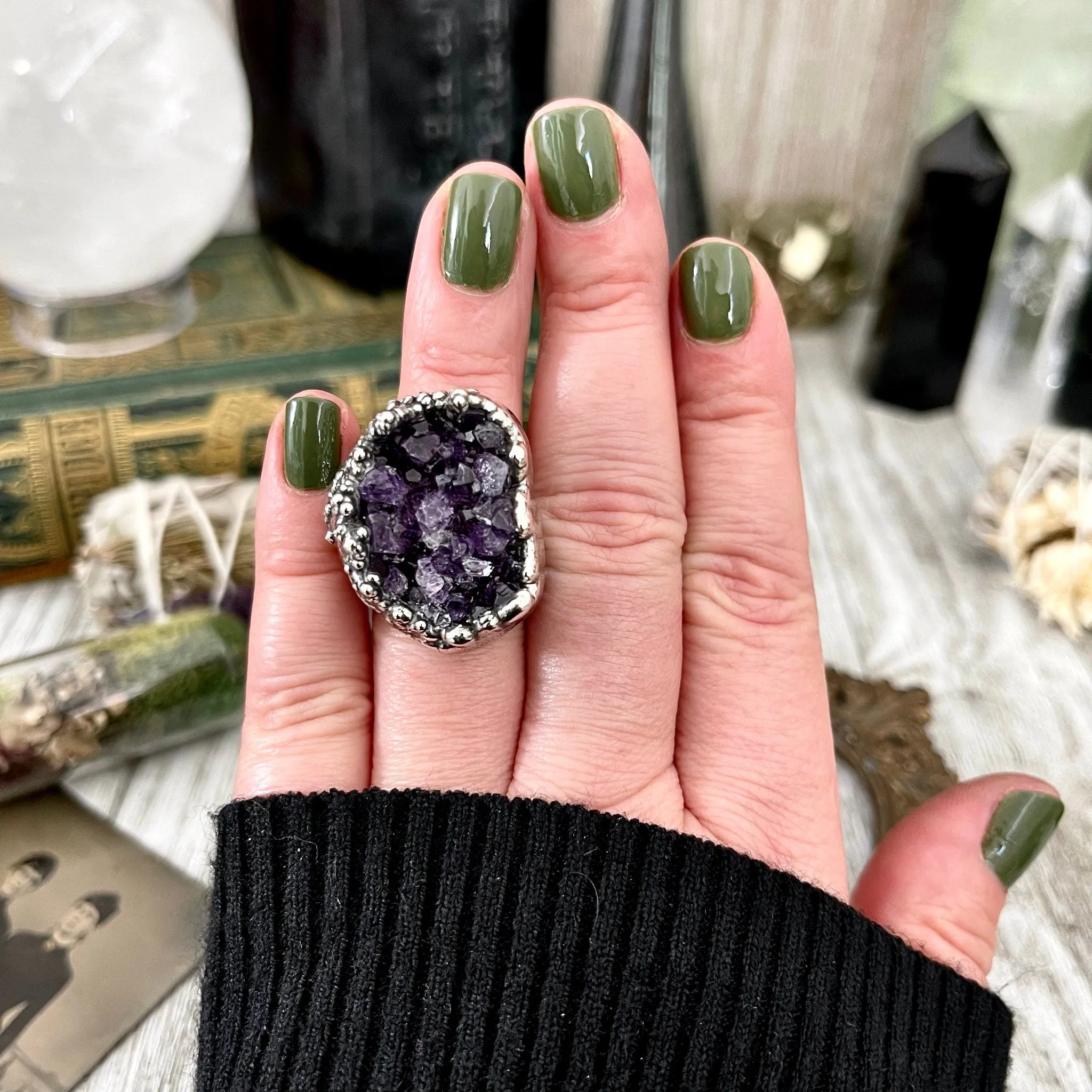 Size 6 Big Raw Amethyst Purple Crystal Ring in Fine Silver / Foxlark Collection - One of a Kind