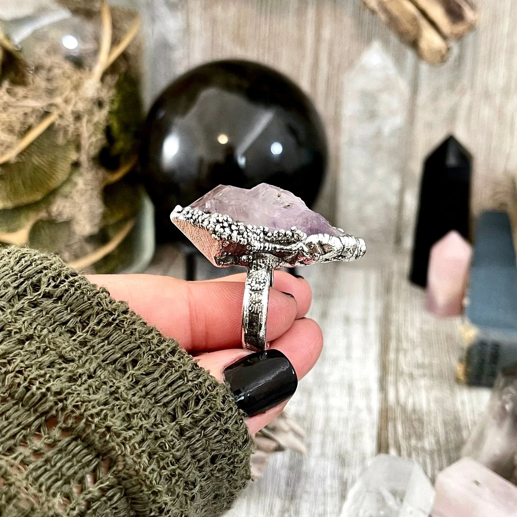 Size 7.5 Big Raw Amethyst Purple Crystal Ring in Fine Silver / Foxlark Collection - One of a Kind