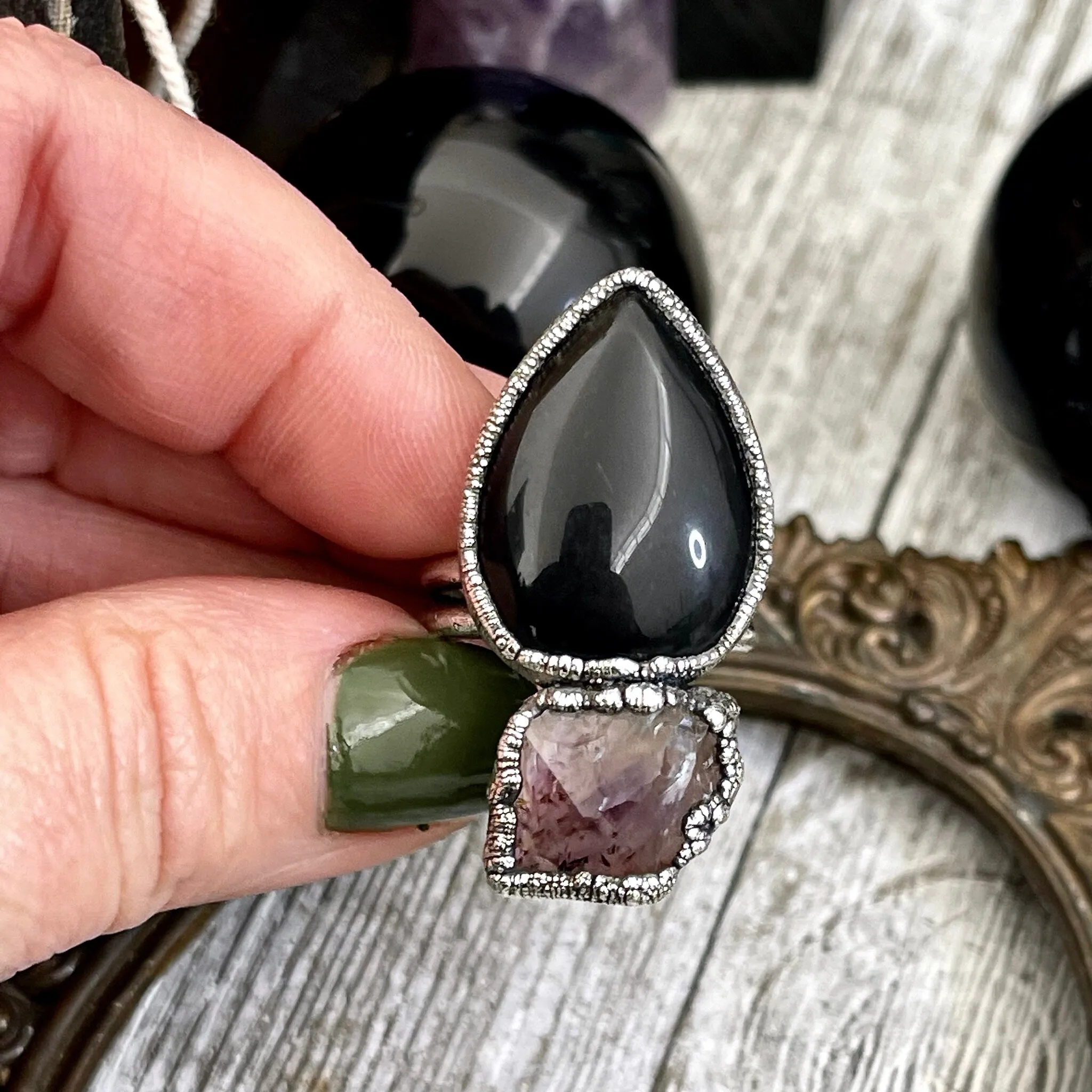 Size 8.5 Two Stone Ring- Black Onyx Purple Raw Amethyst Crystal Ring Fine Silver / Foxlark Collection - One of a Kind