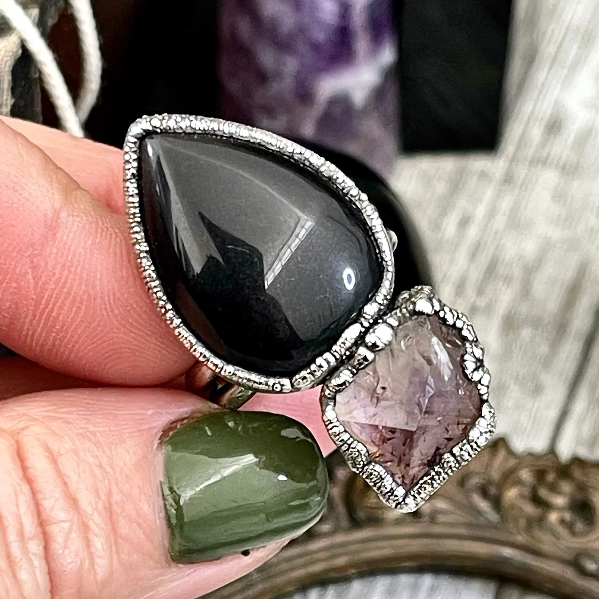 Size 8.5 Two Stone Ring- Black Onyx Purple Raw Amethyst Crystal Ring Fine Silver / Foxlark Collection - One of a Kind