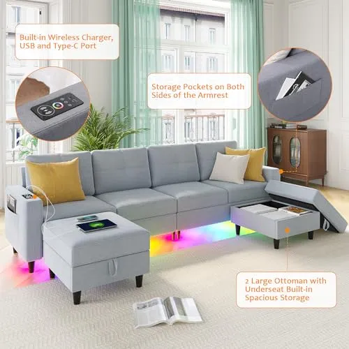 SKKTKT LED Sectional Couches for Living Room, Modular Sectional Sofa Set with Storage Ottomans, Oversized U Shaped Sofa Couch with Auto Sensor RGB Lights and Charging Station (Light Grey)