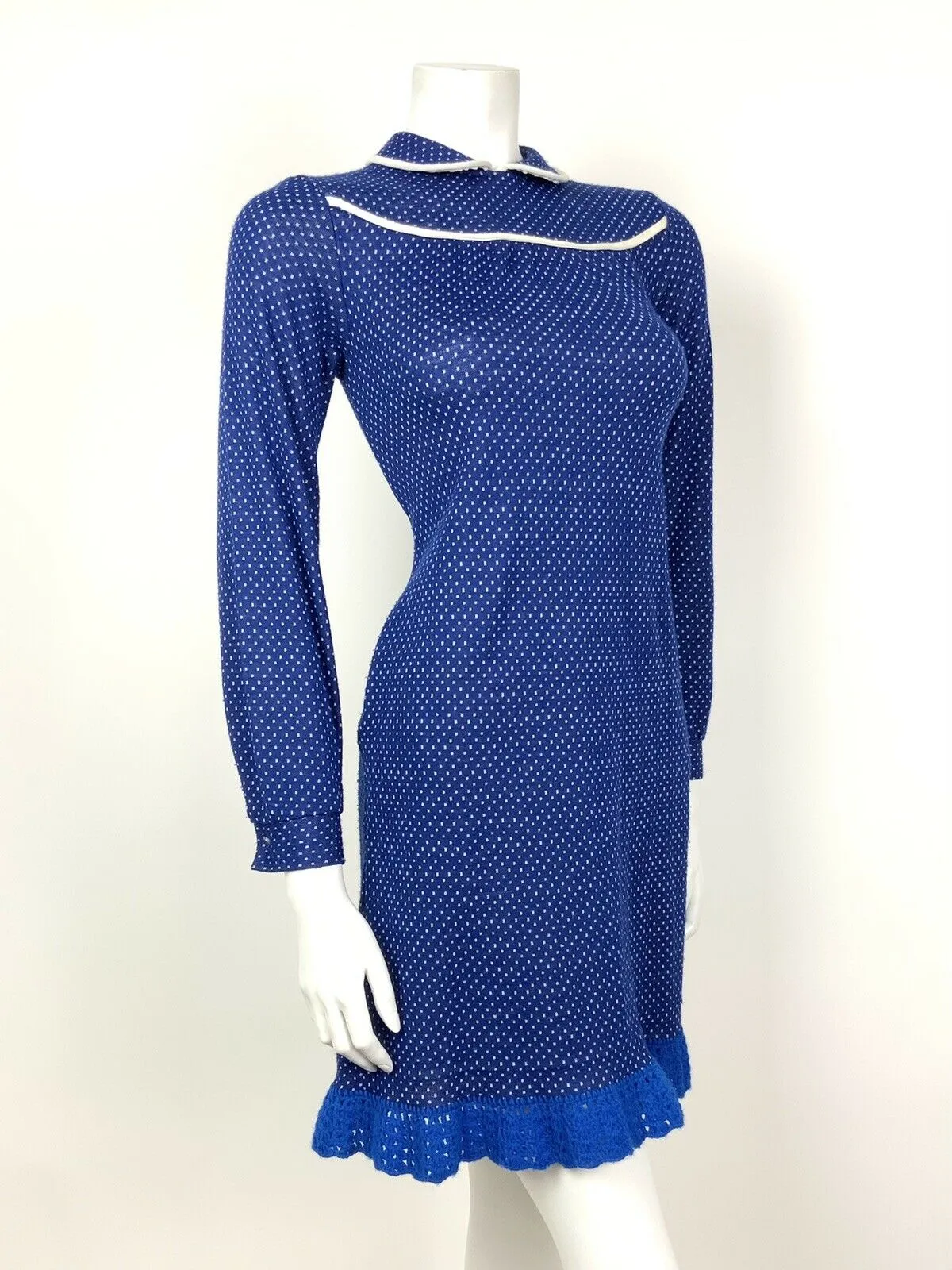 VINTAGE 60s 70s BLUE WHITE POLKADOT PETER PAN COLLAR CROCHETED SHIFT DRESS 6 8