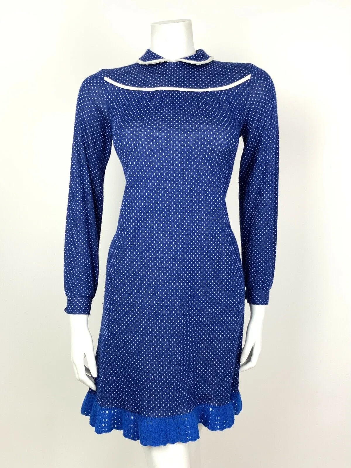 VINTAGE 60s 70s BLUE WHITE POLKADOT PETER PAN COLLAR CROCHETED SHIFT DRESS 6 8