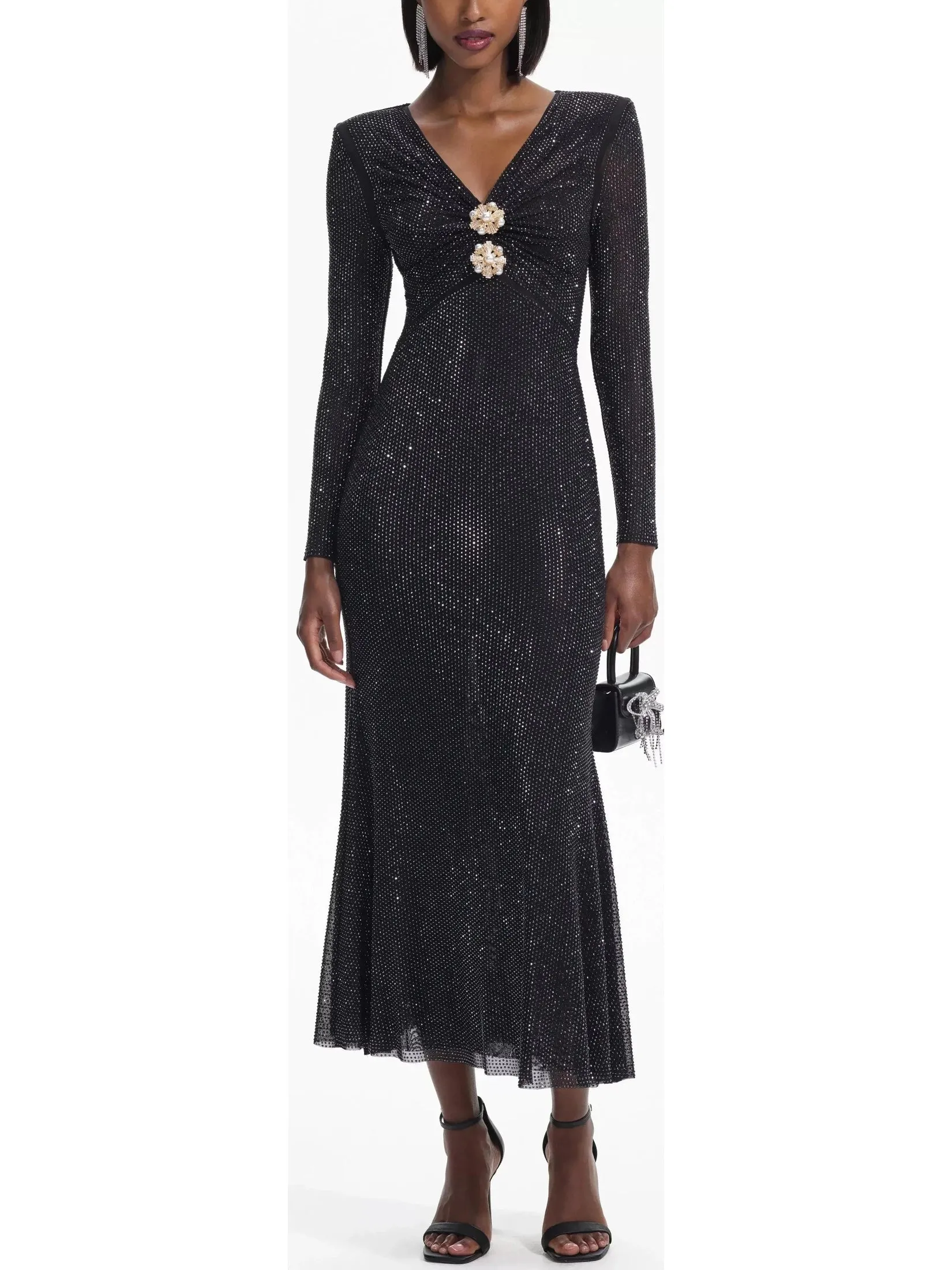 Women’s Black Rhinestone Mesh V-Neck Midi Dress