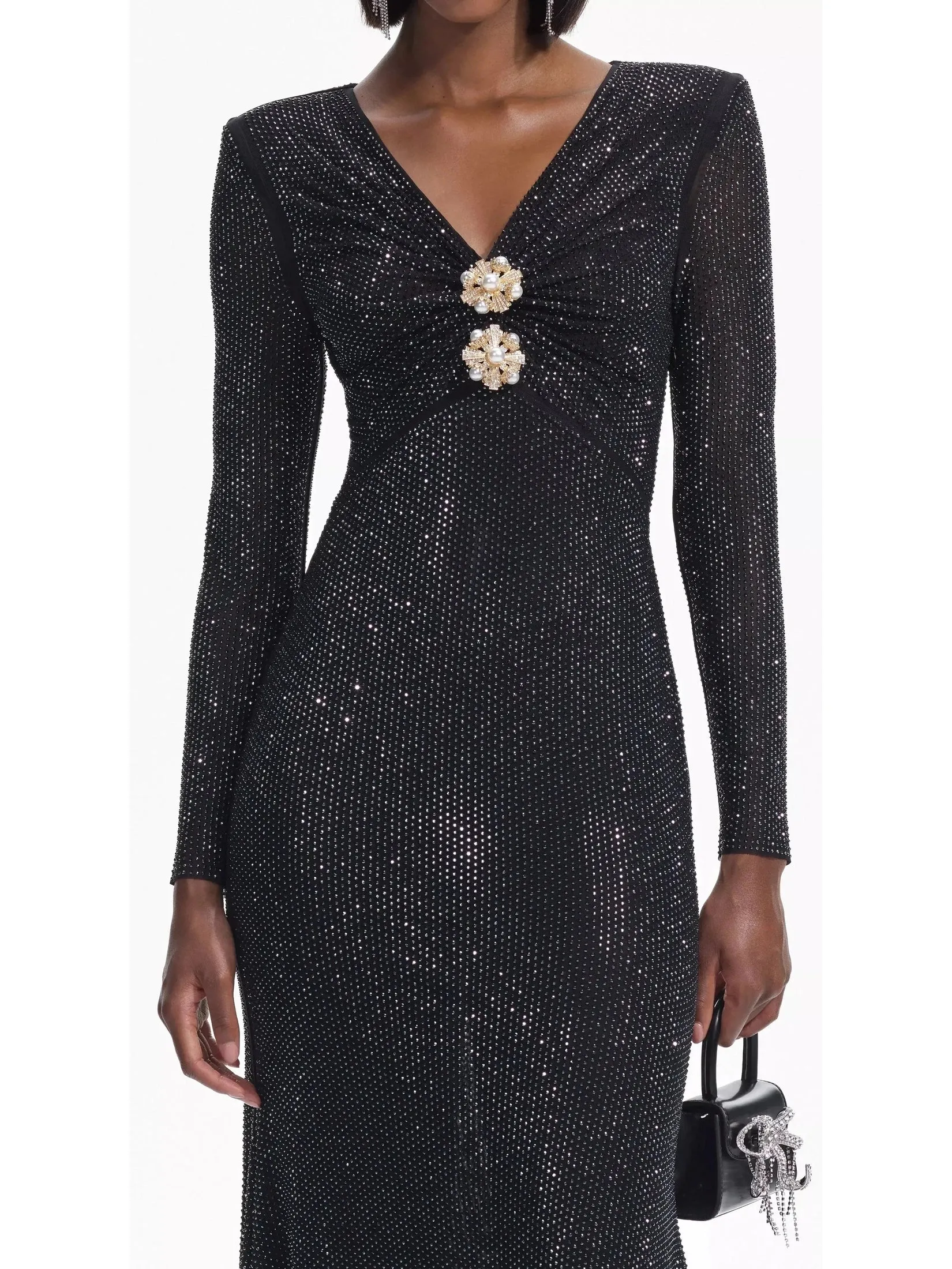 Women’s Black Rhinestone Mesh V-Neck Midi Dress