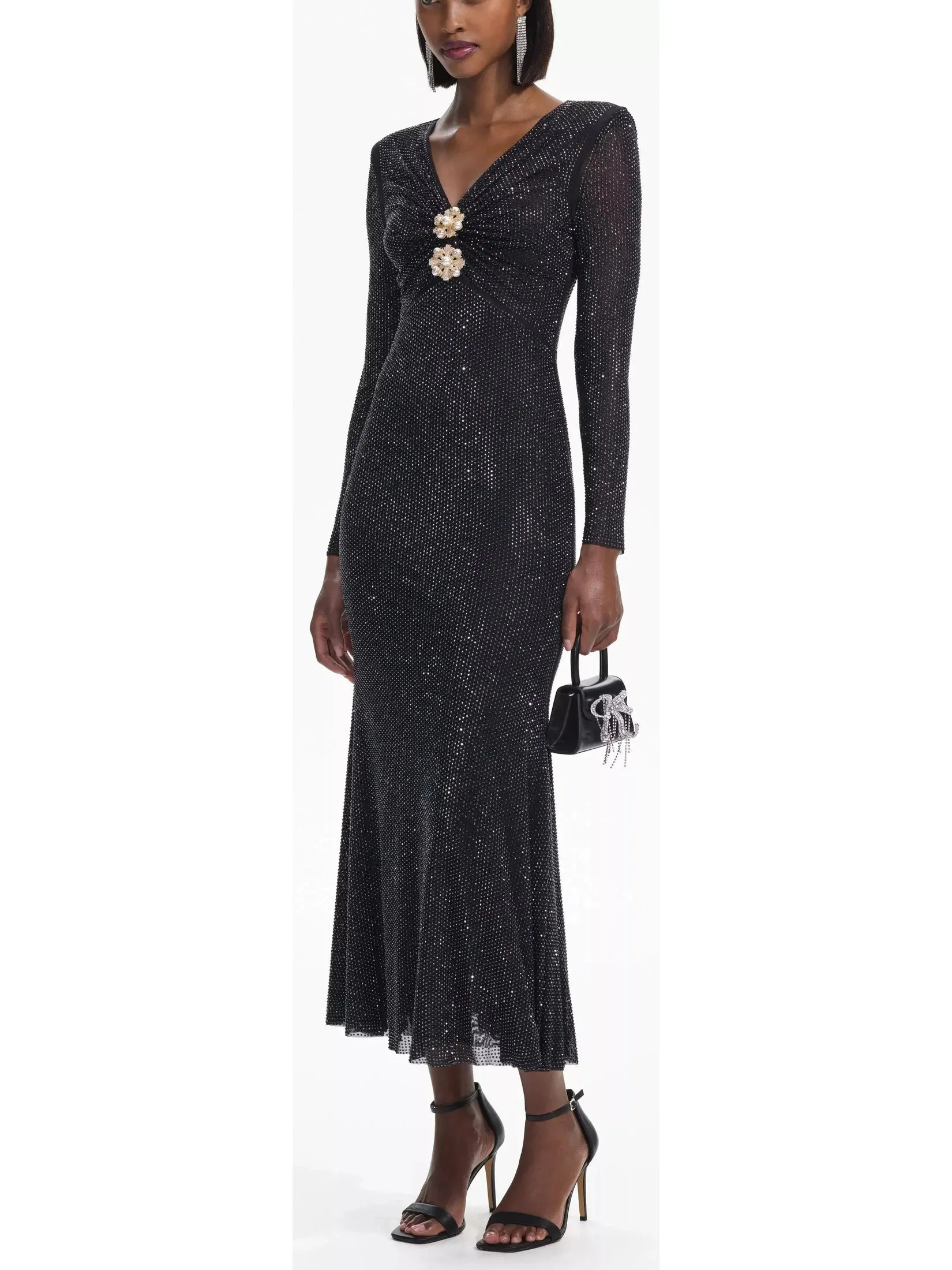 Women’s Black Rhinestone Mesh V-Neck Midi Dress