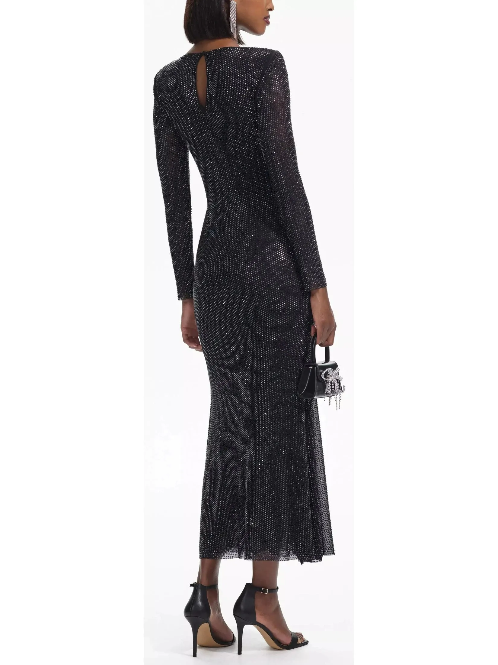 Women’s Black Rhinestone Mesh V-Neck Midi Dress