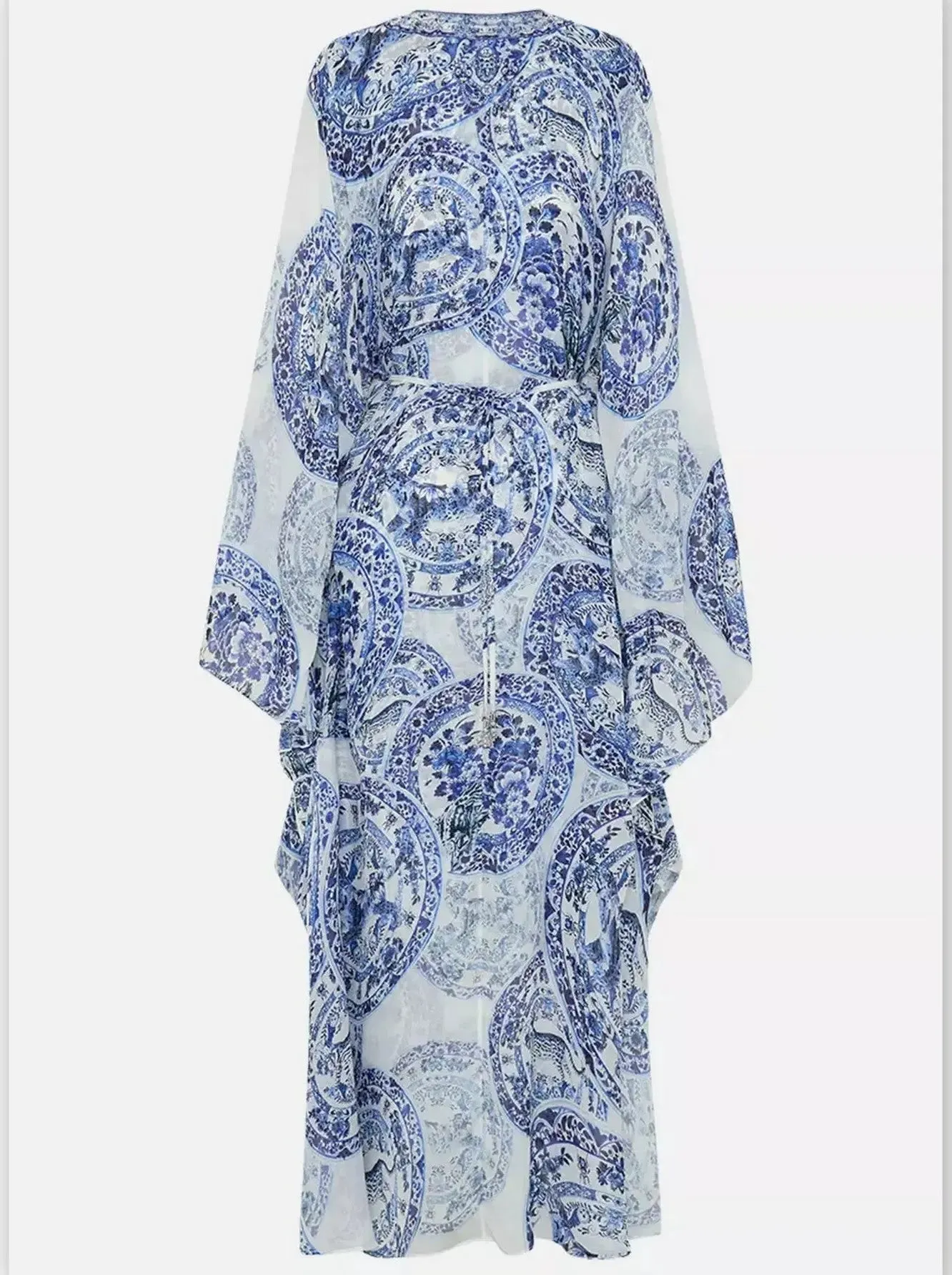 Women’s Blue and White Porcelain Print V-Neck Silk Kaftan Dress