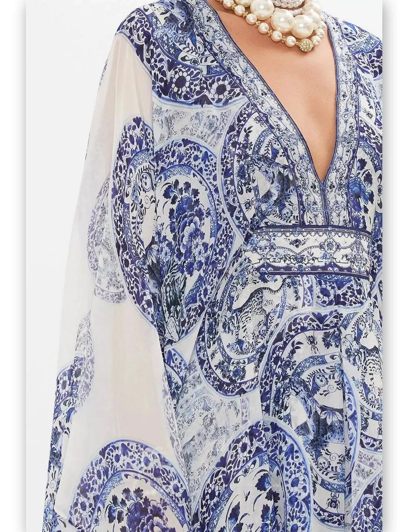 Women’s Blue and White Porcelain Print V-Neck Silk Kaftan Dress