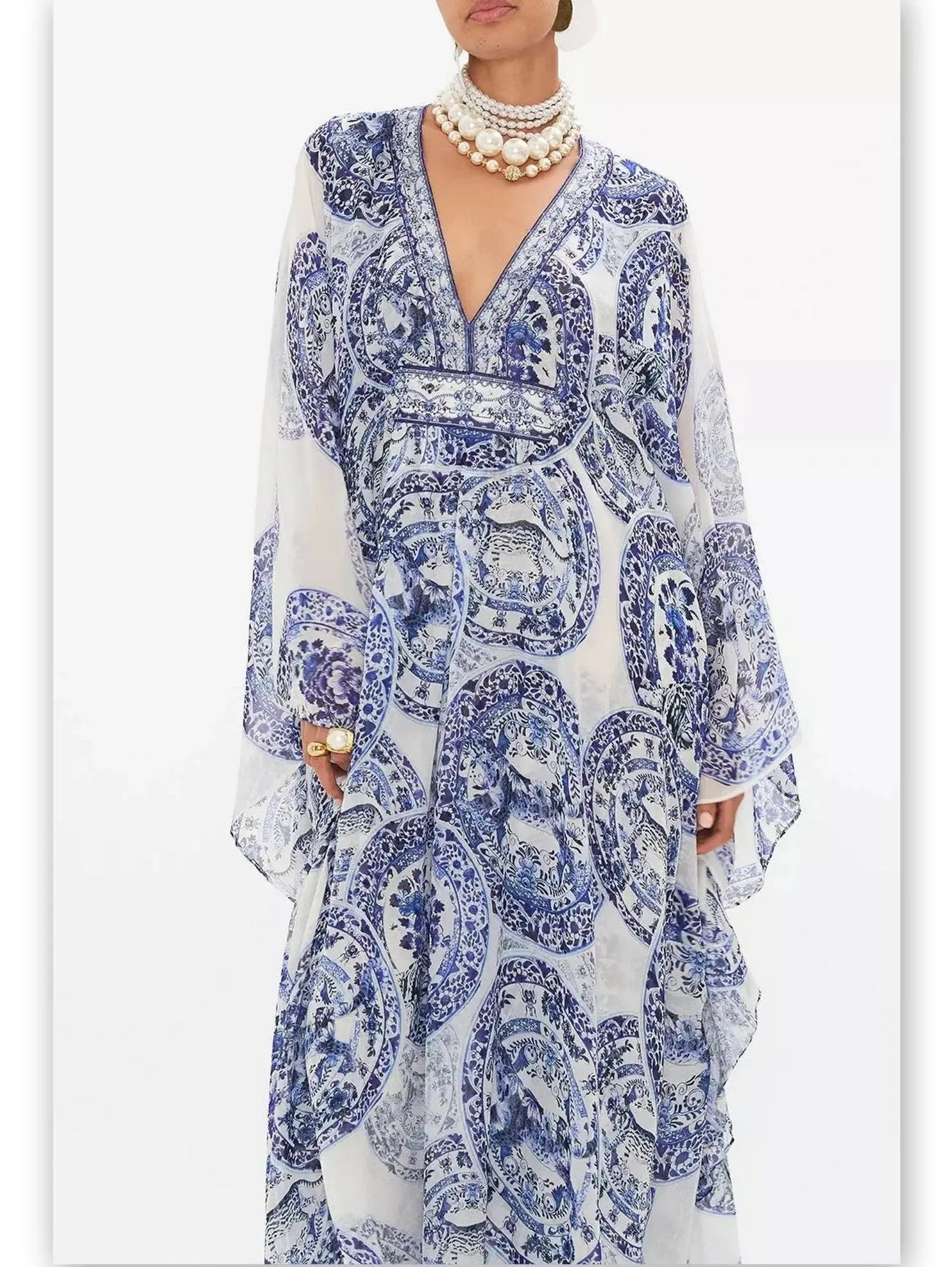 Women’s Blue and White Porcelain Print V-Neck Silk Kaftan Dress