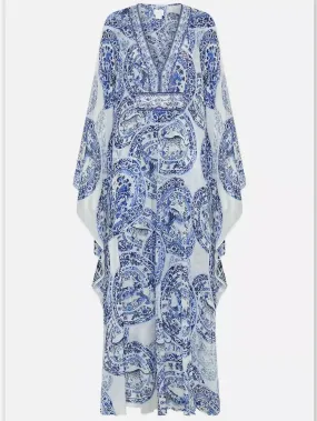 Women’s Blue and White Porcelain Print V-Neck Silk Kaftan Dress