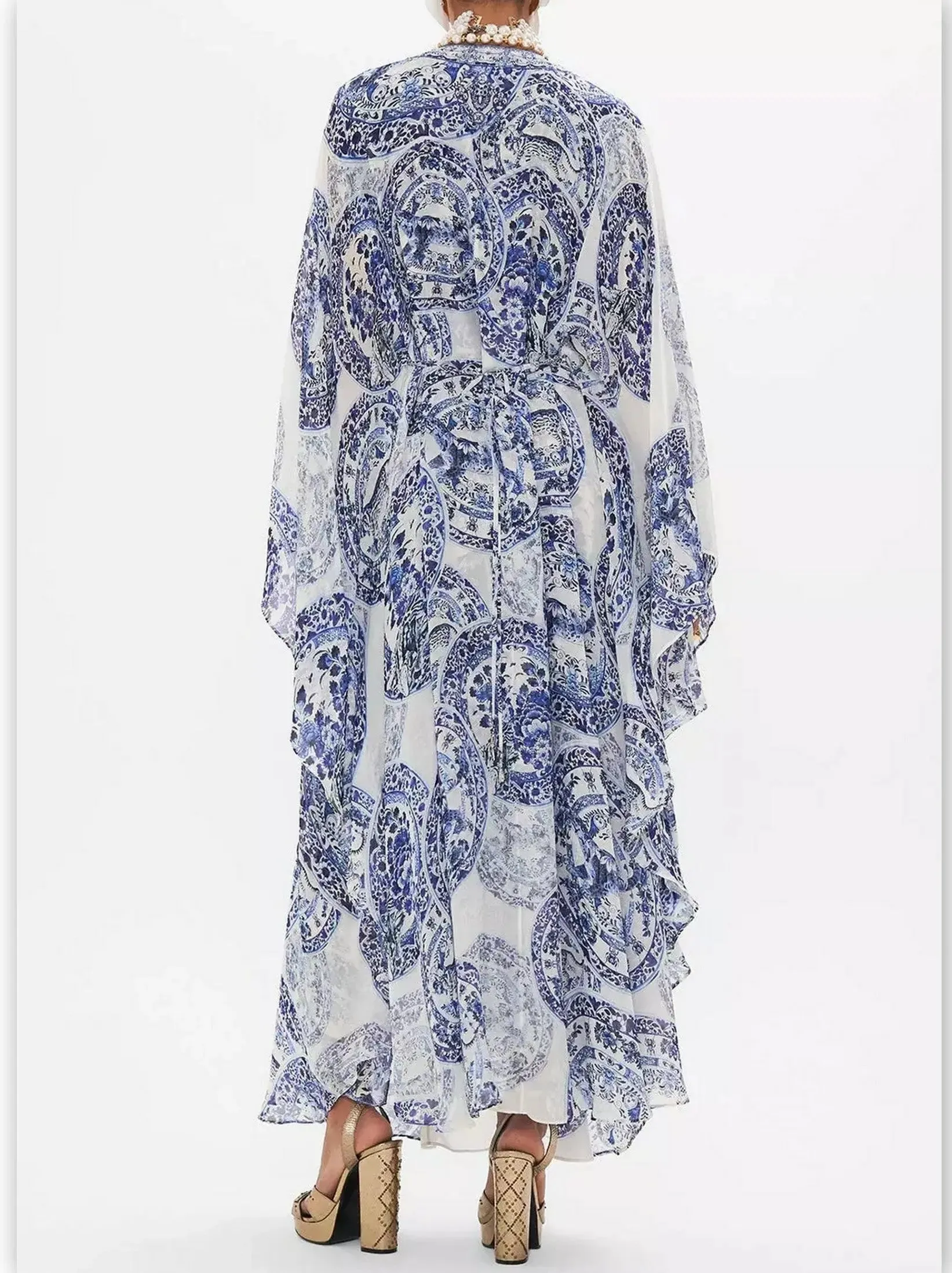 Women’s Blue and White Porcelain Print V-Neck Silk Kaftan Dress