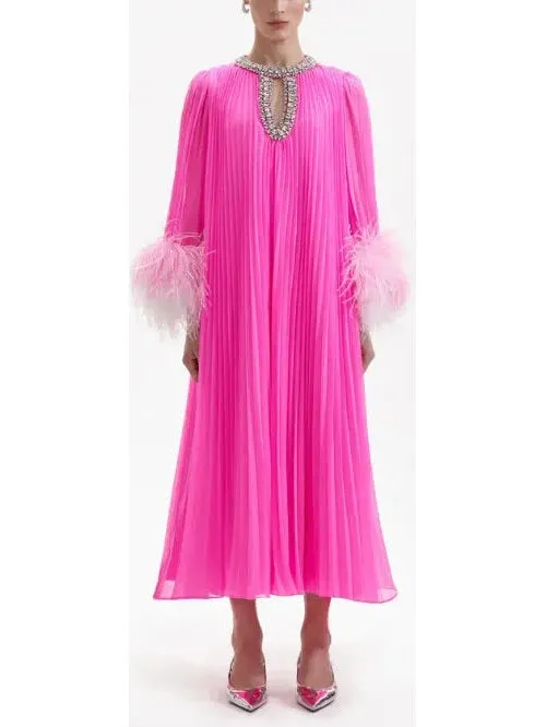 Women’s Chiffon Pleated Feather-Trim Embellished Dress, Pink