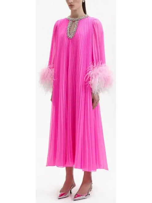 Women’s Chiffon Pleated Feather-Trim Embellished Dress, Pink