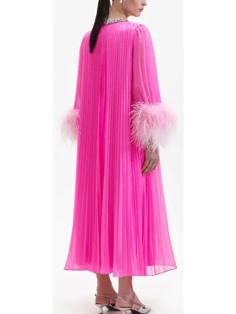 Women’s Chiffon Pleated Feather-Trim Embellished Dress, Pink