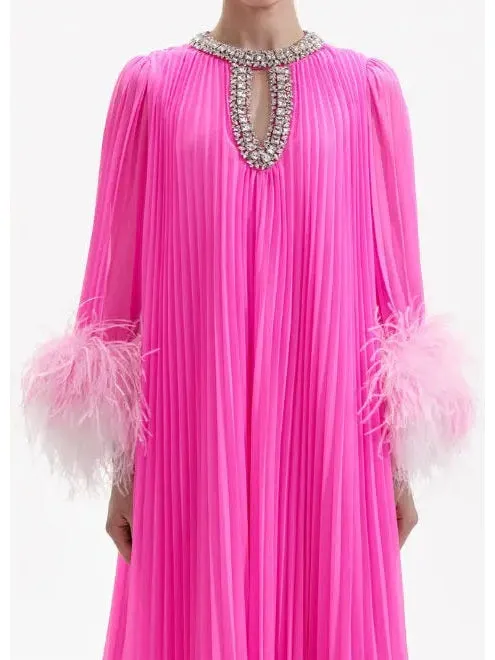 Women’s Chiffon Pleated Feather-Trim Embellished Dress, Pink